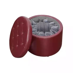New Kirklands Home Faux Leather Round Shoe Storage Ottoman Red