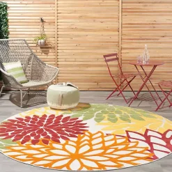 Discount Kirklands Home Red Floral Burst Outdoor Round Area Rug, 7 ft.
