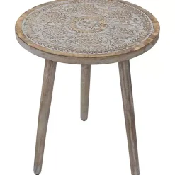 Online Kirklands Home Round Antique Engraved Accent Table Gray