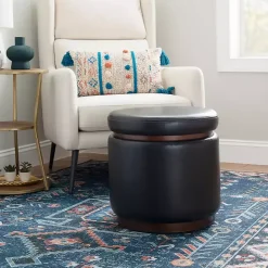 Clearance Kirklands Home Round Faux Leather Storage Ottoman Black