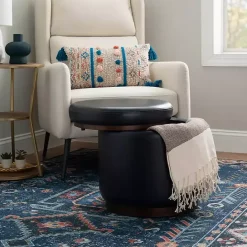 Clearance Kirklands Home Round Faux Leather Storage Ottoman Black