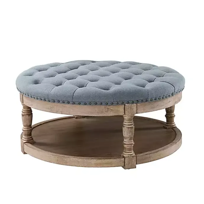 New Kirklands Home Round Cepheus Tufted Ottoman Blue
