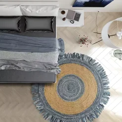 Outlet Kirklands Home Round Braided Jute and Denim Area Rug, 3x3