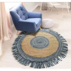 Outlet Kirklands Home Round Braided Jute and Denim Area Rug, 3x3