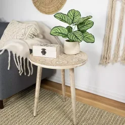 Best Kirklands Home Round Brushed White Engraved Accent Table