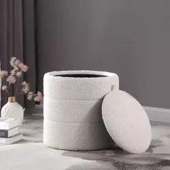 Best Kirklands Home Round Cream Boucle Storage Ottoman Ivory