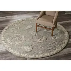 Discount Kirklands Home Round Gray and Botanical Area Rug, 4x4 Blue