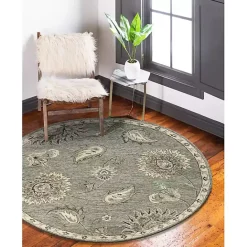 Discount Kirklands Home Round Gray and Botanical Area Rug, 4x4 Blue