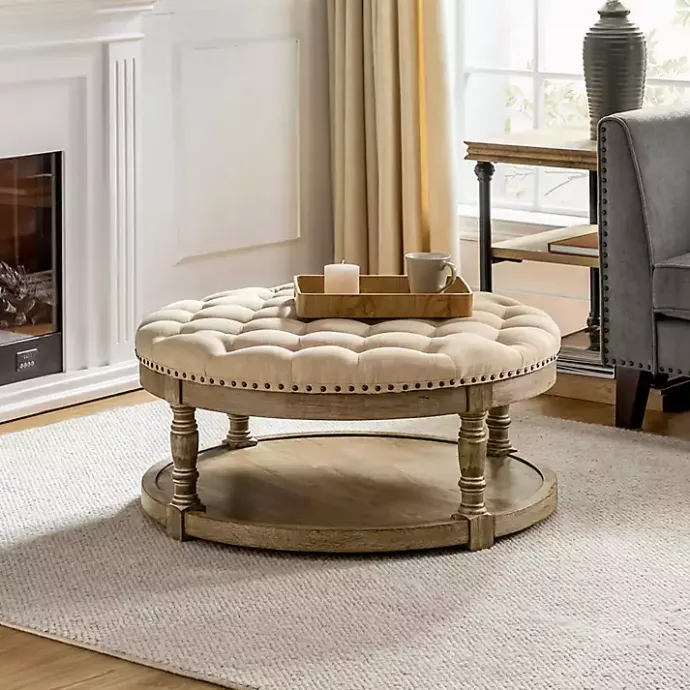 Outlet Kirklands Home Round Cepheus Tufted Ottoman Tan