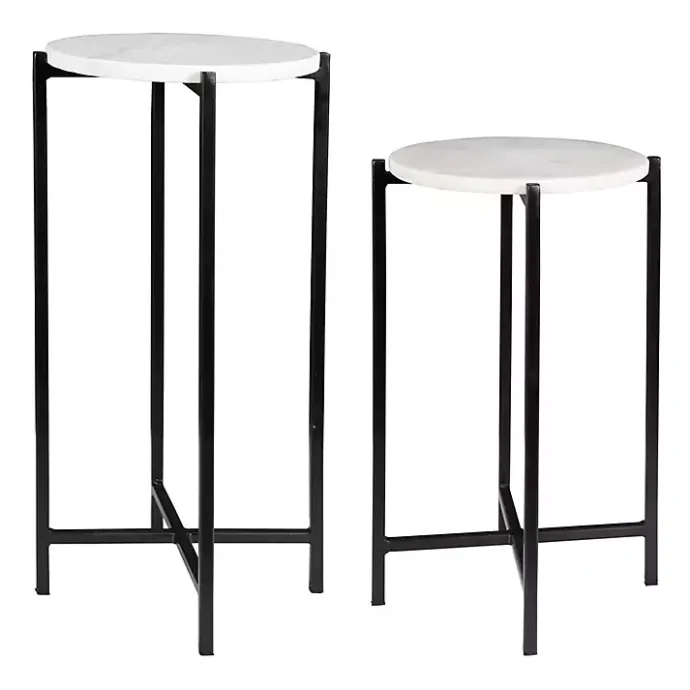 Hot Kirklands Home Round White Marble Accent Tables, Set of 2 Black