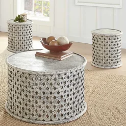 Sale Kirklands Home Round White Wood Lattice Accent Table