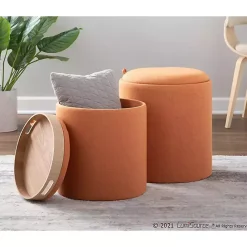 Discount Kirklands Home Rust Upholstered Ottomans with Tray Tops, Set of 2 Orange
