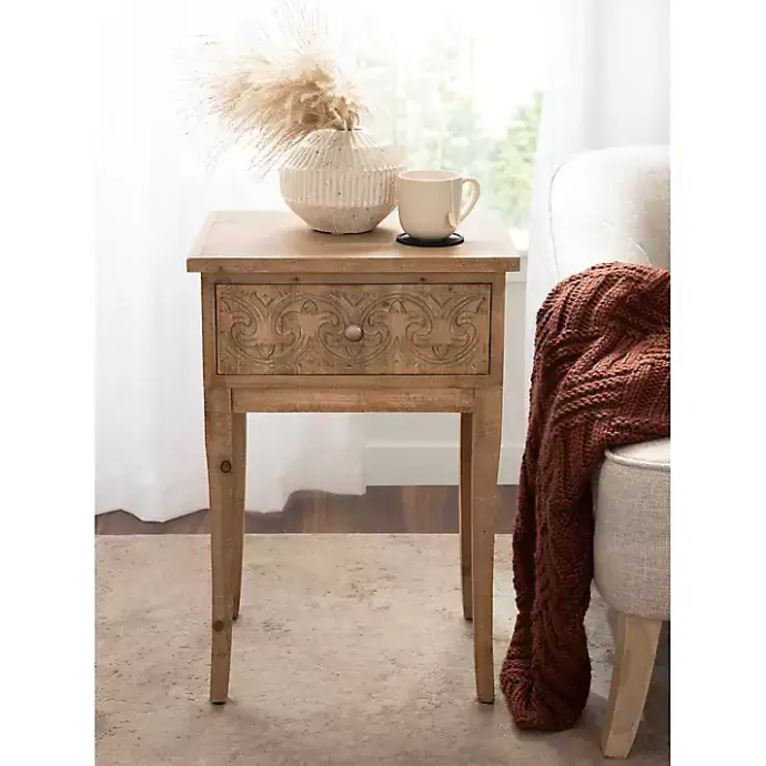 Outlet Kirklands Home Rustic Ornate Carved Wood Accent Table Brown