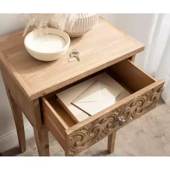 Outlet Kirklands Home Rustic Ornate Carved Wood Accent Table Brown