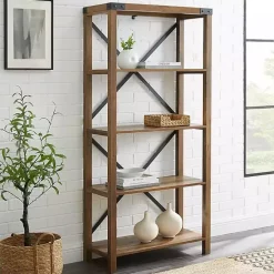New Kirklands Home Rustic Oak Metal X Frame Back Bookshelf Brown