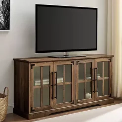 Hot Kirklands Home Rustic Oak Window 4-Door TV Stand Brown
