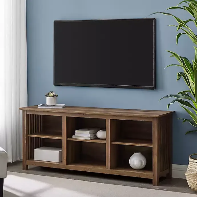 Hot Kirklands Home Rustic Oak Wood Slatted Sides Media Cabinet Brown