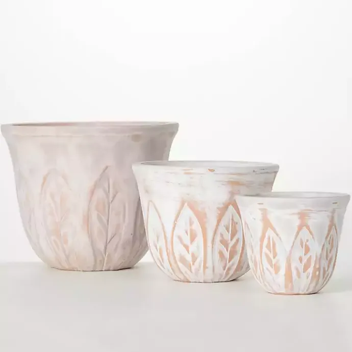 Discount Kirklands Home Rustic Leaf Clay Planters, Set of 3 White