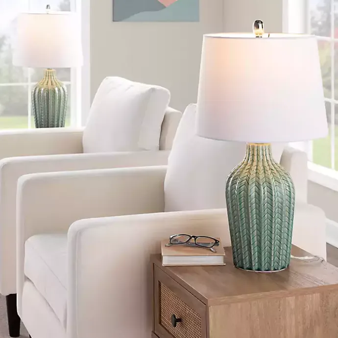 Discount Kirklands Home Sage Ceramic Chevron Table Lamps, Set of 2 White