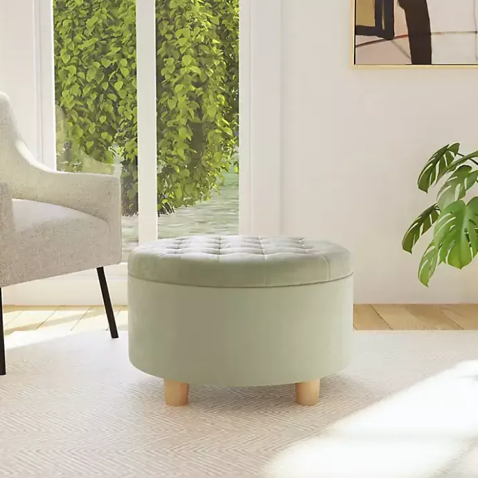 Best Kirklands Home Sage Round Velvet Tufted Storage Ottoman Green