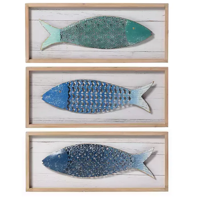 Best Kirklands Home School of Fish Wooden and Metal Plaques, Set of 3 Blue