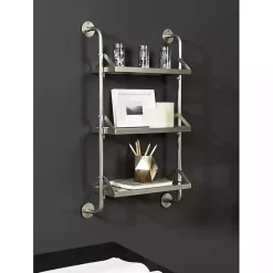New Kirklands Home Metal and Glass 3-Tier Wall Shelf Silver
