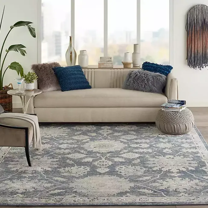 Kirklands Home Smokey Blue and Ivory Floral Area Rug, 6x9