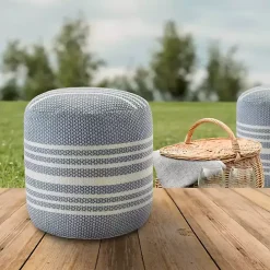 Hot Kirklands Home Soft Blue Simple Stripe Outdoor Pouf