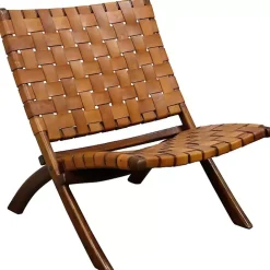 Online Kirklands Home Solid Teak and Genuine Leather Lounge Chair Brown