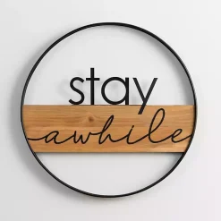 Hot Kirklands Home Stay Awhile Metal and Wood Wall Plaque