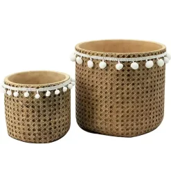 Online Kirklands Home Tall Woven Cement Baskets with Pom Poms, Set of 2 Brown