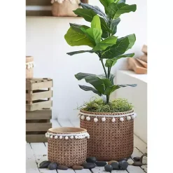 Online Kirklands Home Tall Woven Cement Baskets with Pom Poms, Set of 2 Brown