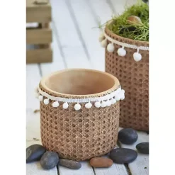 Online Kirklands Home Tall Woven Cement Baskets with Pom Poms, Set of 2 Brown