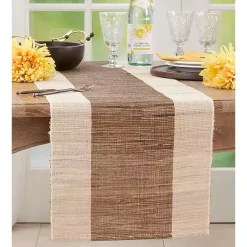 Kirklands Home Tan and White Shimmer Banded Table Runner