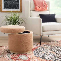 New Kirklands Home Sherpa Upholstered Storage Ottoman Tan