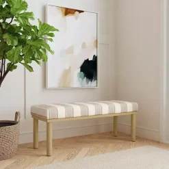 Best Kirklands Home Tan Striped Upholstered Wood Leg Bench