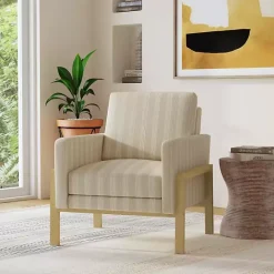 Discount Kirklands Home Tan Striped Upholstered Wood Frame Armchair