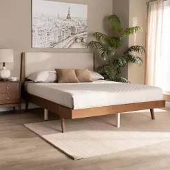 Hot Kirklands Home Tan Upholstered Brown Wood Queen Platform Bed