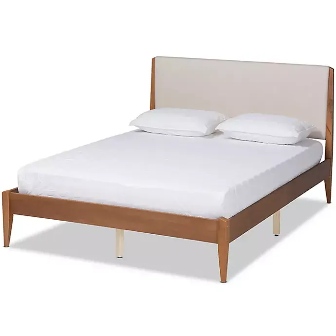 Best Kirklands Home Tan Upholstered Brown Wood King Platform Bed