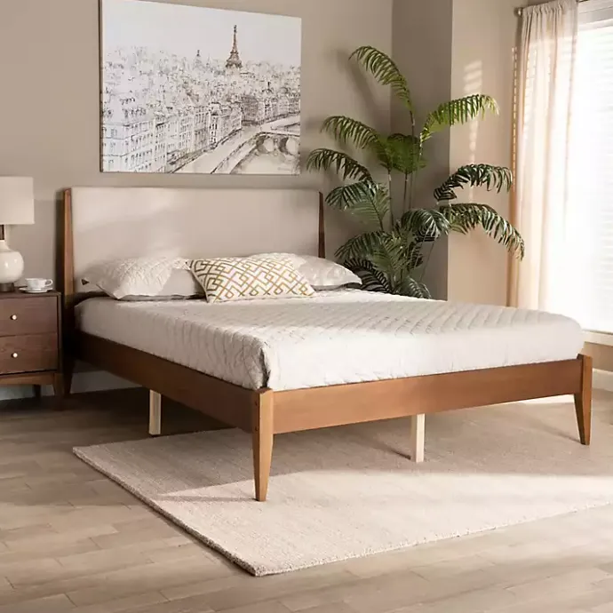 Best Kirklands Home Tan Upholstered Brown Wood King Platform Bed