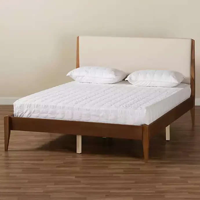 Best Kirklands Home Tan Upholstered Brown Wood King Platform Bed