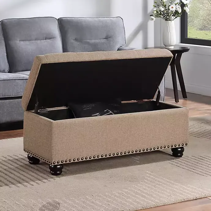 Kirklands Home Upholstered Carey Storage Ottoman Bench Tan