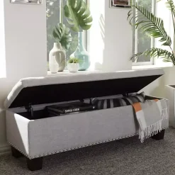 Online Kirklands Home Taupe Button-Tufted Upholstered Storage Bench Tan
