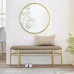 Discount Kirklands Home Taupe Upholstered Gold Metal Leg Bench Gray