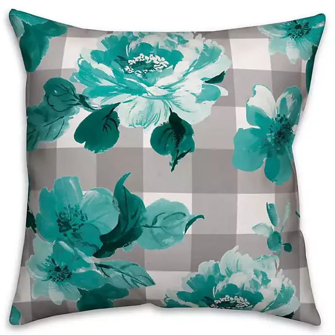 New Kirklands Home Teal Floral Buffalo Check Outdoor Pillow