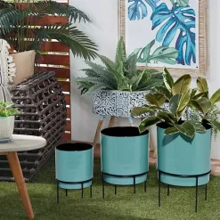 Outlet Kirklands Home Teal Metal Round Planters with Stands, Set of 3 Blue
