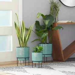 Outlet Kirklands Home Teal Metal Round Planters with Stands, Set of 3 Blue