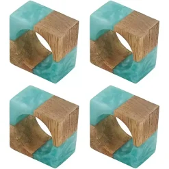 Kirklands Home Teal Wood and Resin Square Napkin Rings, Set of 4