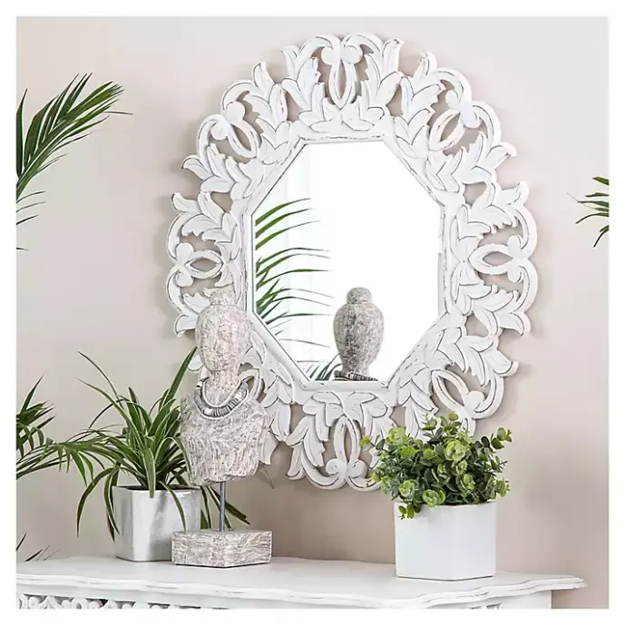 New Kirklands Home Vintage White Carved Octagon Wall Mirror