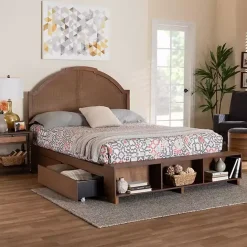 Best Kirklands Home Walnut Rattan Queen Storage Bed Brown